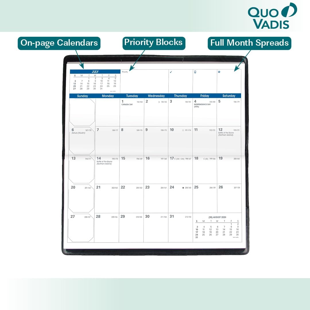 Quo Vadis 2026 Visoplan - Monthly Planner - 12 Months, Jan. to Dec. - 6 3/4 x 3 1/2" - Grained Faux Leather Club Blue Cover - Pocket Calendar Organizer