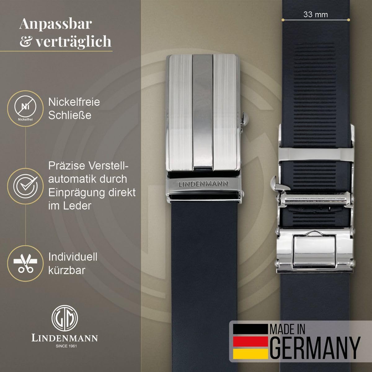 LINDENMANN Męski pasek automatyczny skóra bydlęca czarny Made in Germany