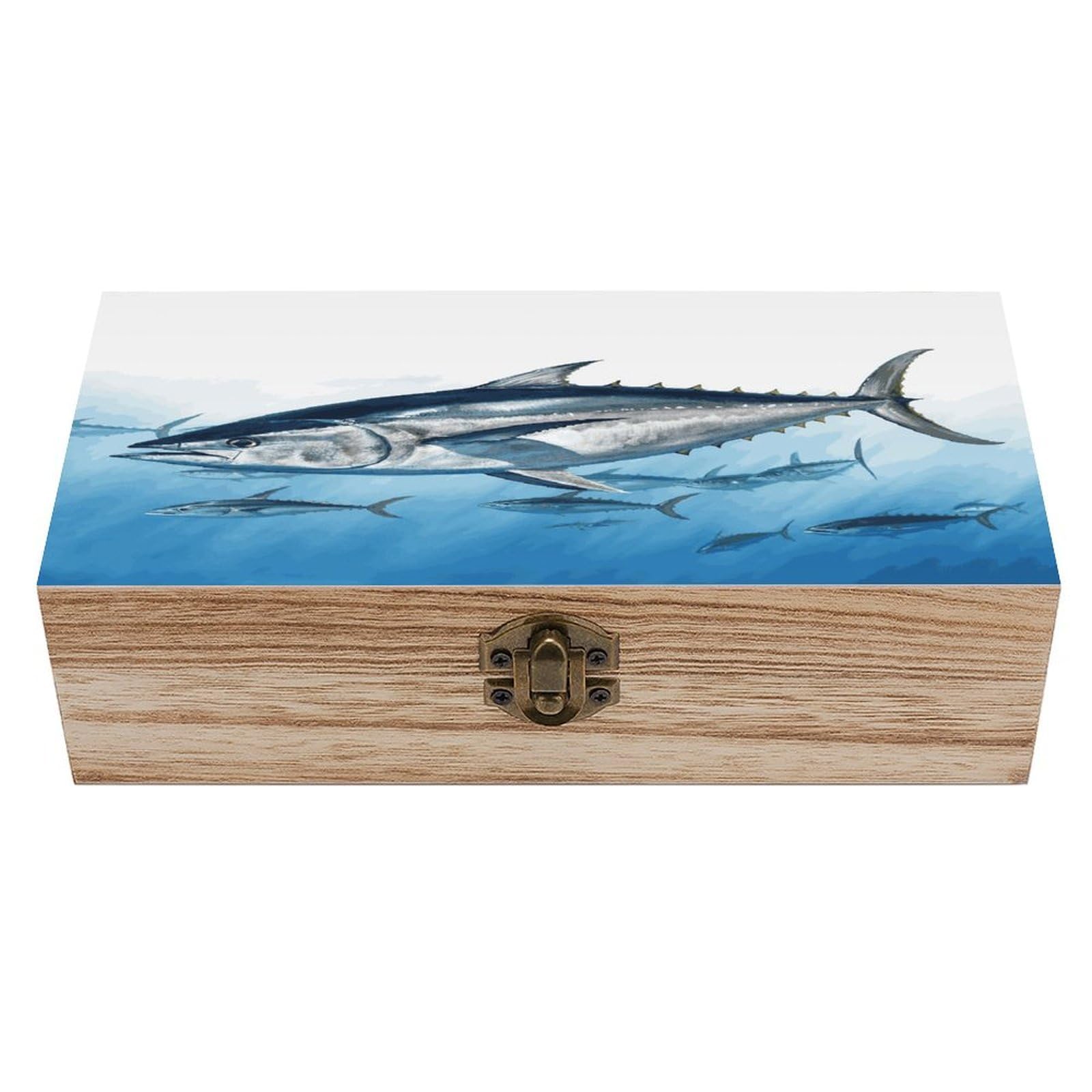 FekiLoot Bluefin Tuna Thunnus Wooden Box with Hinged Lid Vintage Storage Box Beautifully Keepsake Boxes Jewellery Organiser & Trinket Holder Unique Gift Ideas for Men & Women