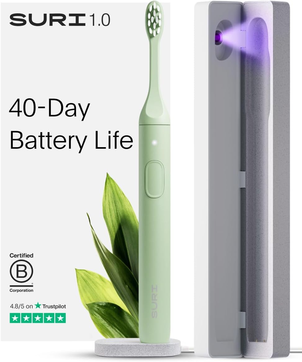 SURI Sustainable Sonic Toothbrush - Slim and Powerful Electric Toothbrush, Recyclable Plant-Based Head, 2 Modes, Including UV LED Cleaning Case, Mirror-Mount, and Charging Stand - Winter Fern