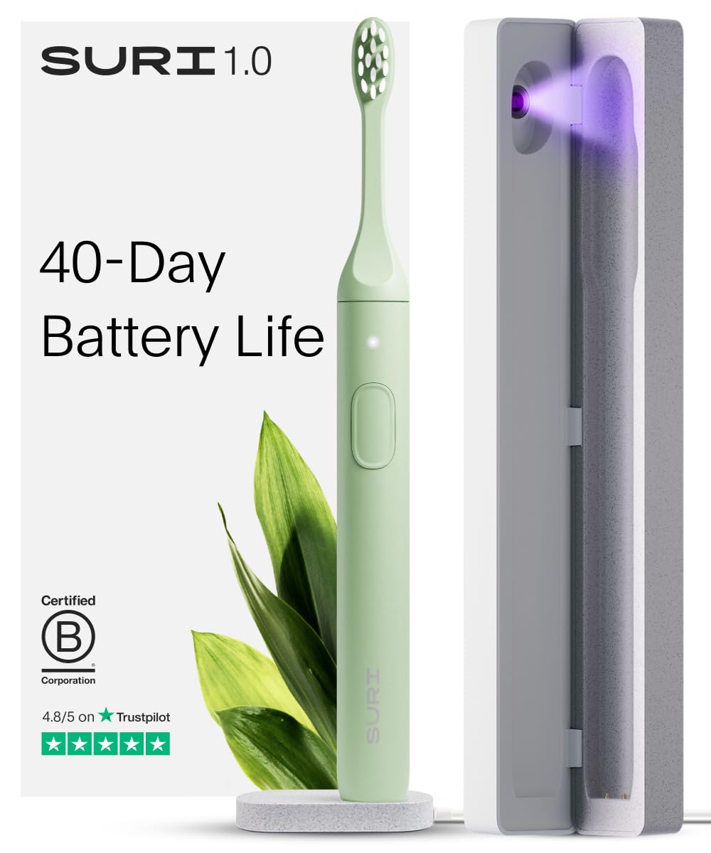 SURI 1.0 Sonic Electric Toothbrush with UV Cleaning Travel Case | 1 Month+ Battery | Designed in California | Electric Toothbrush for Adults | Travel Toothbrushes | Tooth Brush | Green