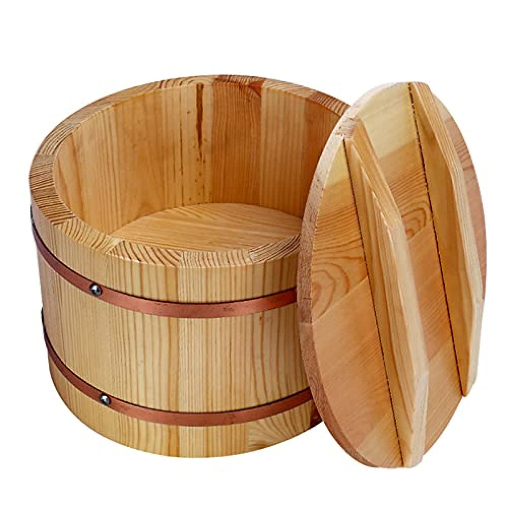 Wooden Sushi Rice Bowl with Lid and Rice Scoop,Sushi Oke Rice Mixing Tub for Sushi Restaurant Home Use,24cm-24cm