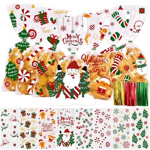 DIYDEC 120pcs Christmas Cellophane Candy Bags, Clear Xmas Sweet Goodies Treat Cellophane Bags Santa Claus Snowflake Party Gift Bags with Twist Ties for Christmas Party Supplies