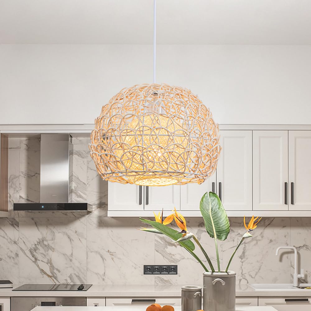 Wiklinowa Lampa Wisząca E27 Lampy Wiszące Rattanowa Lampa Wisząca Wiklinowy Tkany Kosz Abażur, Farmhouse Industrial Boho Sufitowa Oprawa Oświetleniowa Do Salonu Wyspa Kuchenna CJSLXGBL