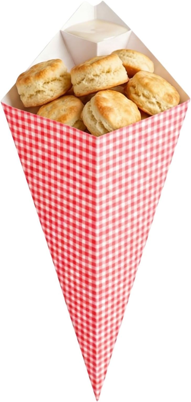 Restaurantware-15.5-Inch Eco-Friendly Finger Food Cones with Built-in Condiment Dipping Pocket: Perfect for Appetizers - Food-Safe Paper Cone with Picnic Print Styling - Disposable - 100-CT