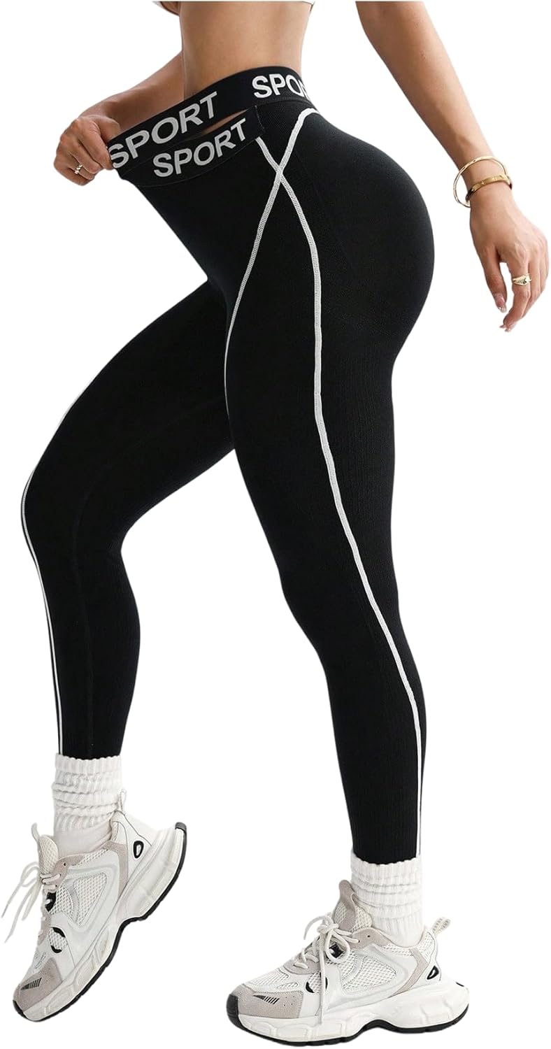 WDIRARA Women's Criss Cross Waist Leggings Letter Tape Workout Sports Yoga Pants