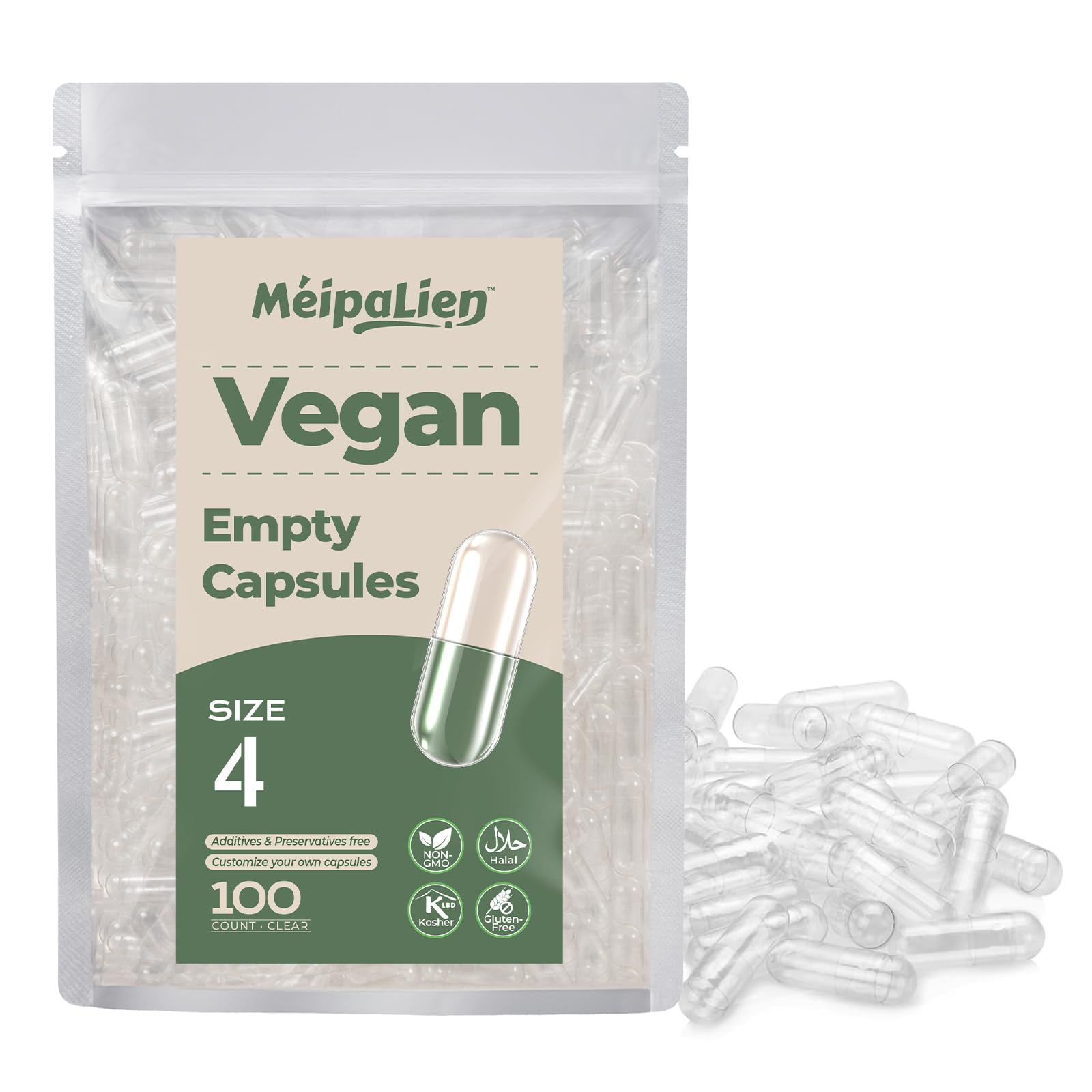 Vegan Empty Capsules Size 4-100 Count, Clear & Unflavored Vegetable Capsules, Allergen Free, Halal Certified & Non-GMO, Nutritional Supplement Friendly, With 2 Micro Spoons-image-11