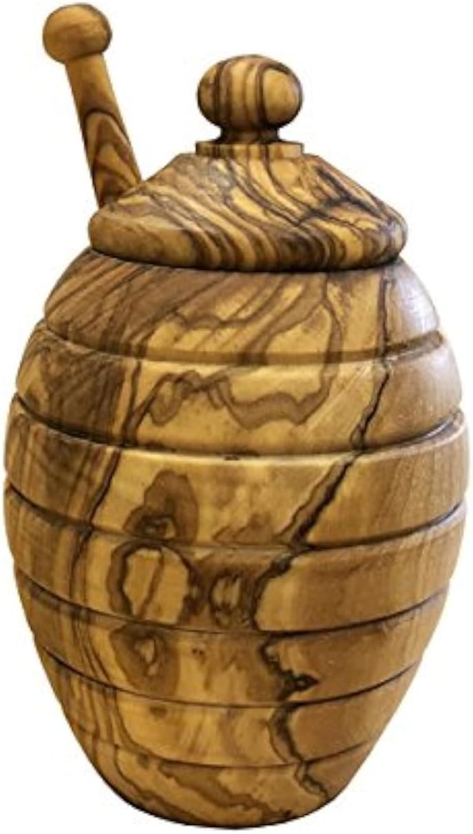 Naturally Med Olive Wood Honey Pot and Honey Dipper Set
