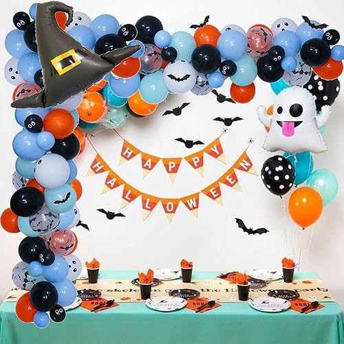 Miniatura 5 de Guirnalda de globos azules de Halloween, azul, naranja, arco de globos negros con BOO, globo de aluminio para sombrero, calcomanía de murciélago