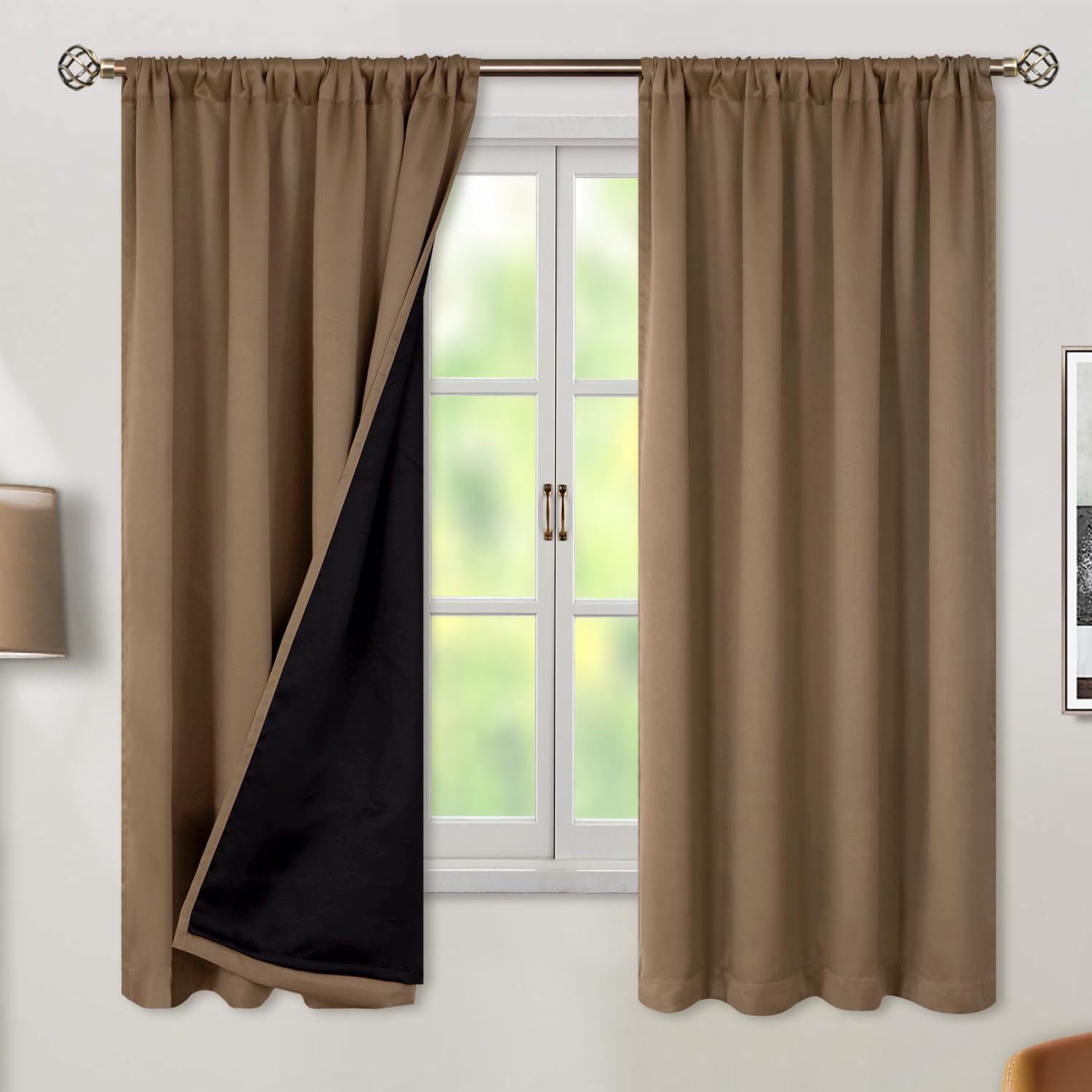 BGment 100% Room Darkening Thermal Insulated Blackout Curtains 63 Inches Long with Liner, Rod Pocket and Back Tab Double Layer Noise Cancelling Curtains for Bedroom (42 x 63 Inch, 2 Panels, Taupe) 42"W x 63"L (Pack of 2) Taupe