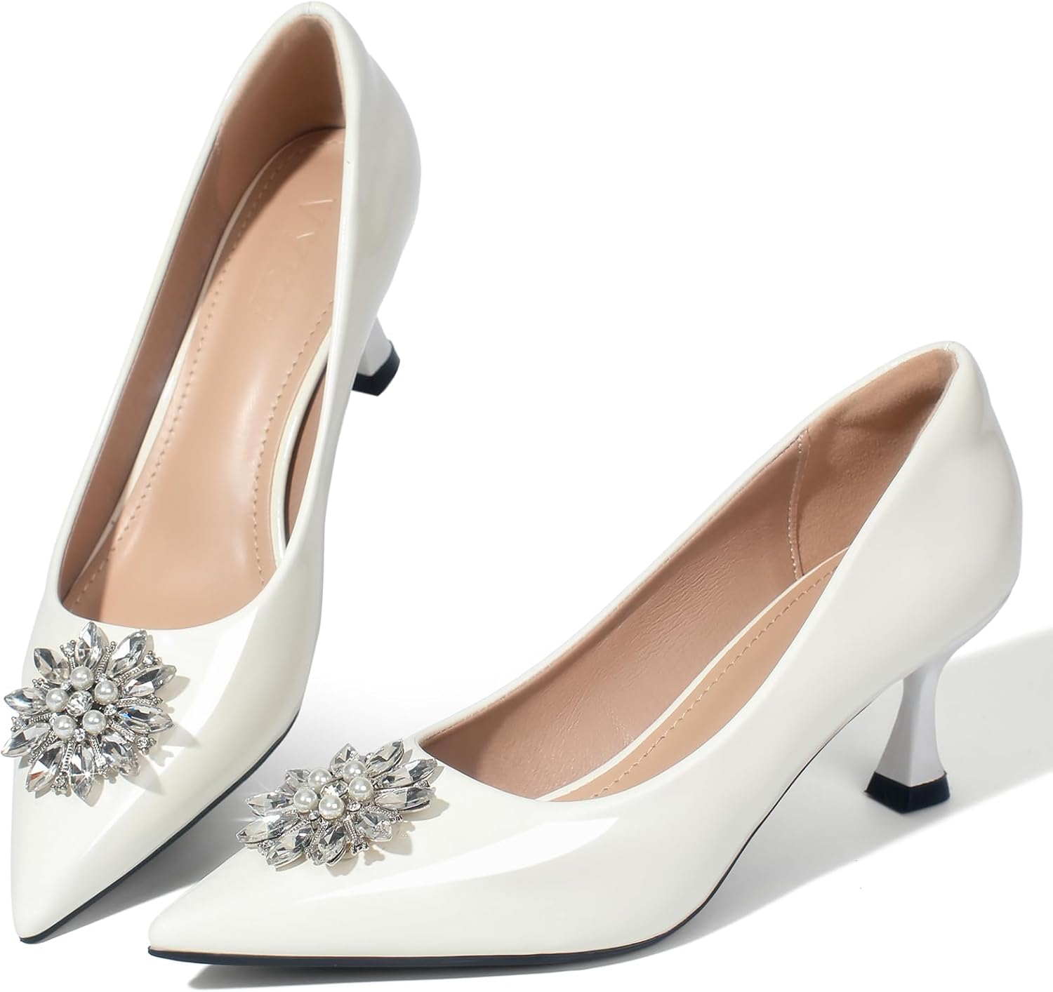 Kitten Heels for Women Leather Comfortable Pointed Closed Toe Heels Womens Rhinestone Pumps Dress Shoes for Weddings Parties - Image 4