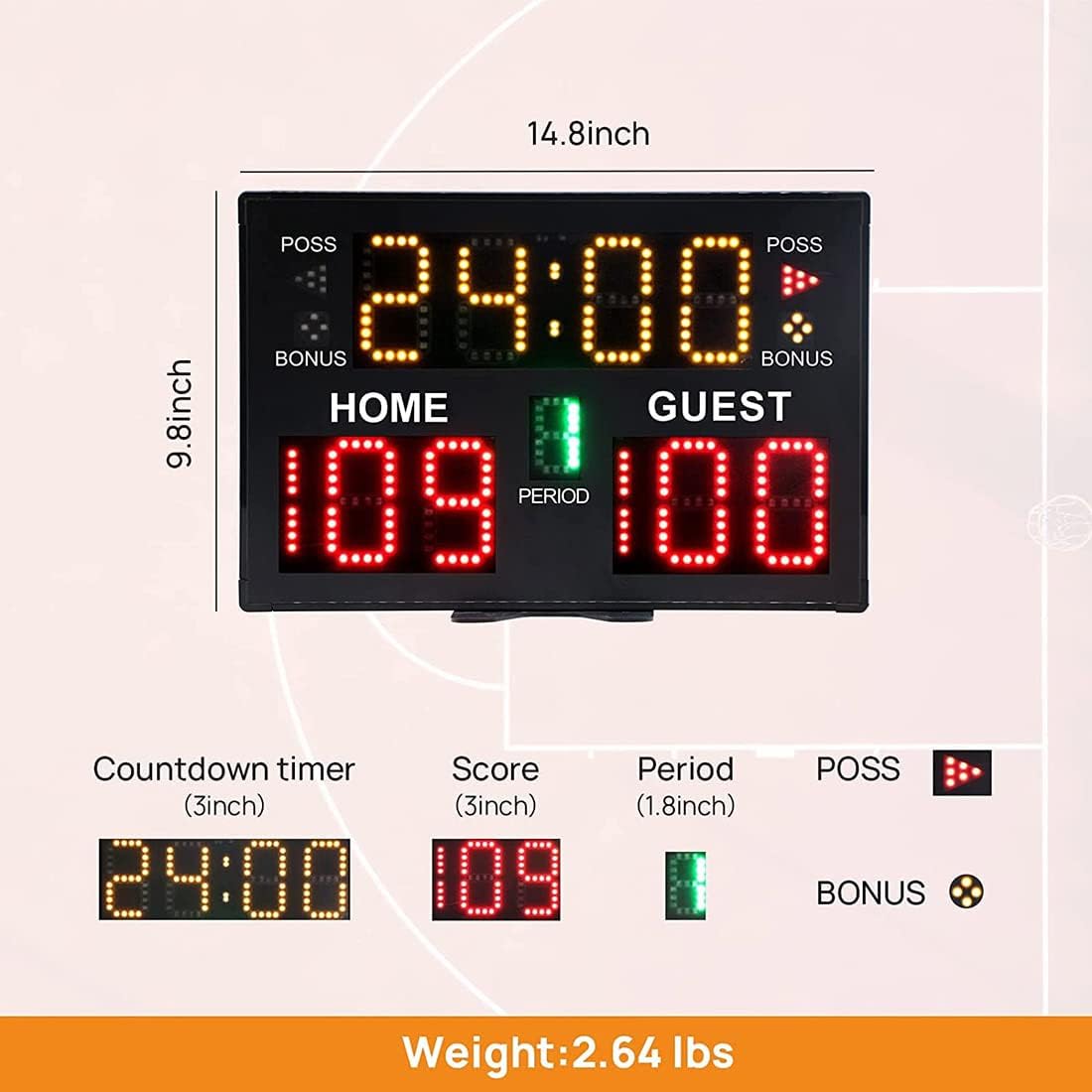 Basketball Digital Scoreboard, Professional Wall Mounted Score Clock, with 75 DB Buzzer, Countdown & Score Timer for Game, Battery Powered, Suitable for Basketball Halls,