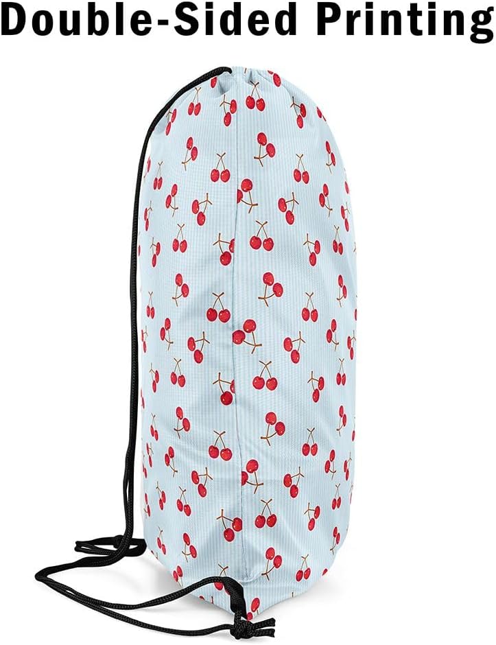 Manfei Striped Cherry Drawstring Backpack,Geometric Cute Princess Foldable Waterproof Drawstring Bags,Fruit Retro Stripes Gym String Bag Back Bag,13"X16",Blue