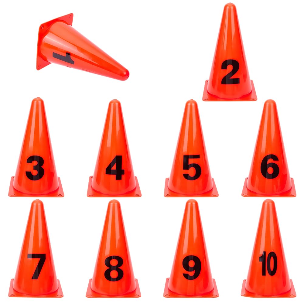 BENECREAT 10 Stück Set nummerierte Hütchen 130x130x230mm Länge orange Trainingsmarkierungen langlebige PVC Sport Hütchen mit Zahlen für Fußball Agilitätstraining
