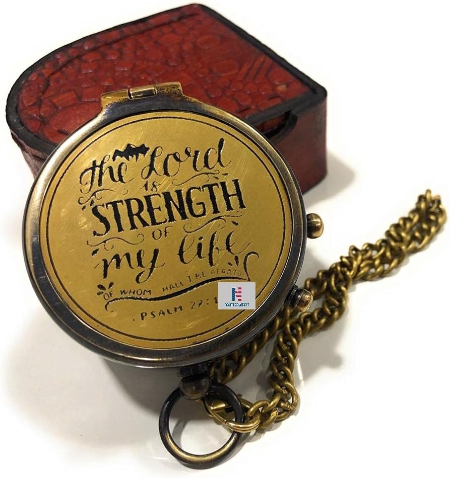 NauticalMart Solid Brass Pocket Compass “The Lord is Strength of My Life” Free Quote Engraved and Leather Case
