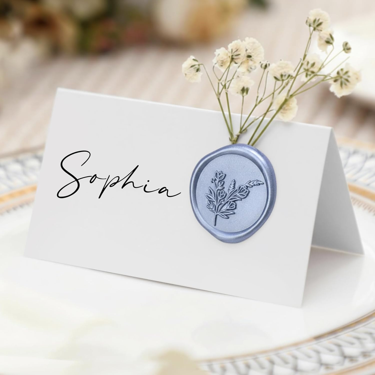 Marspark 100 Pack Wedding Place Cards with Wax Seal and Dried Flowers Table Setting Place Name Card for Wedding Name Card Holiday Birthday Dinner Parties Decorations (Dusty Blue White)