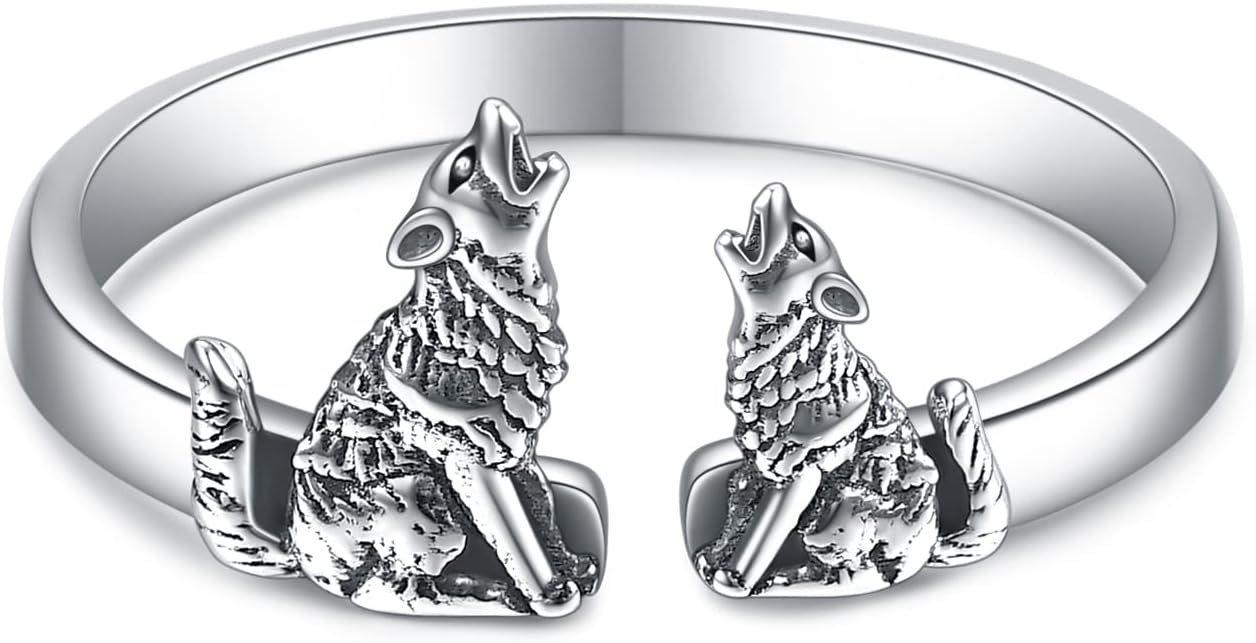 POPKIMI Wolf Rings Opal Sterling Silver Wolf Rings for Women Opal Moon Wolf Jewelry Wolves Gifts Howling Wolf Rings Charm Jewelry for Wolf Lover Women Men Mom Friends Birthday