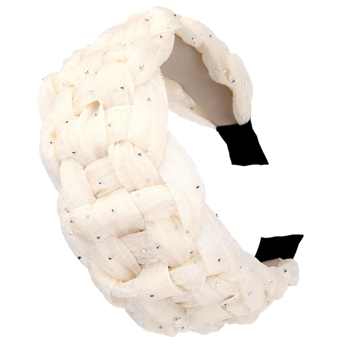 Photo 1 of 1-Pack Organza Rhinestone Cross-braided Headbands, Solid Color Fashionable Chiffon Hairbands, High Elastic Headband, Simple Headwear Accessories for Women and Girls (Rhinestone-White, One Size)