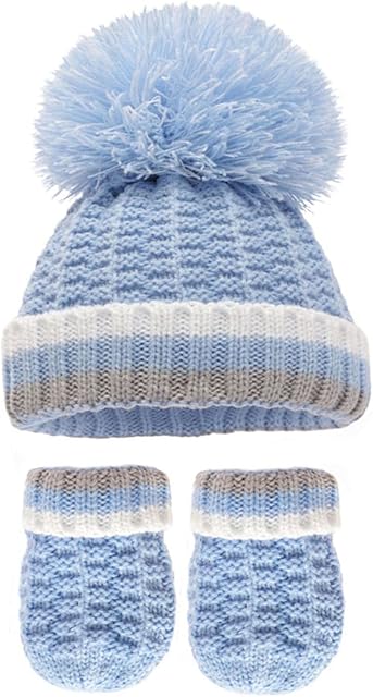 Soft Touch Baby Boys Girls Pom Pom Hat Unisex Cable Knit Twist Hat Mittens Set 0-12 Months H648