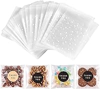 NPLUX 100 Pack 4x4 Inch White Polka Dot Self-Sealing Cellophane Cookie Treat Bags with Thank You Stickers
