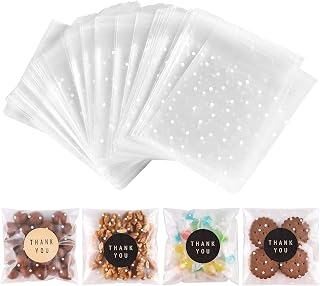 NPLUX 100 Pack 4x4 Inch White Polka Dot Self-Sealing Cellophane Cookie Treat Bags with Thank You Stickers
