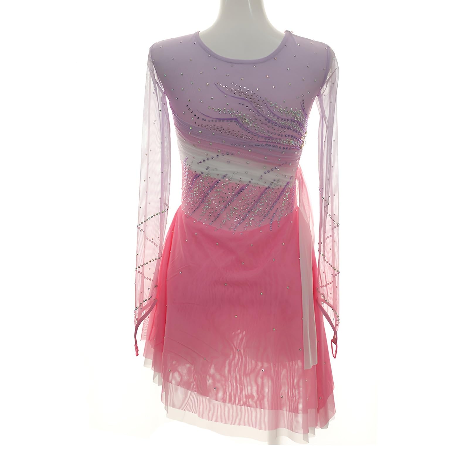 Kmarouse Women's Figure Skating Dress with Rhinestone Decoration, Girl's High Elasticity Skating Wear for Competition(X-Small) Pink