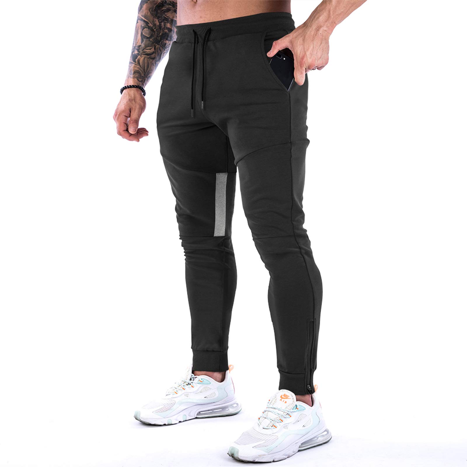 MakingDa Tracksuit Bottoms Men Slim Fit Tapered Joggers Gym Pants Skinny Sweatpants Running Training Sports Trousers with Ankle Zippers-1-Black-S