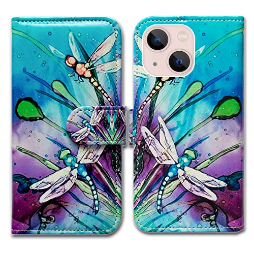 Bcov iPhone 14 Case, Cute Dragonfly Leather Flip Phone Case Wallet Cover with Card Slot Holder Kickstand For iPhone 14