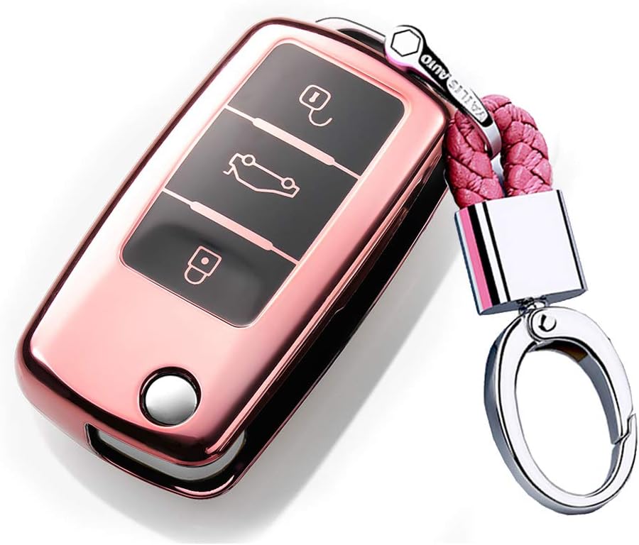 ontto Pokrowiec premium z silikonu TPU na kluczyki samochodowe do VW Beetle, Seat, Skoda, 3 przyciski, etui ochronne do Volkswagena, Golf, Jetta, Passat, Flip kluczyków samochodowych z pękiem kluczy – różowy