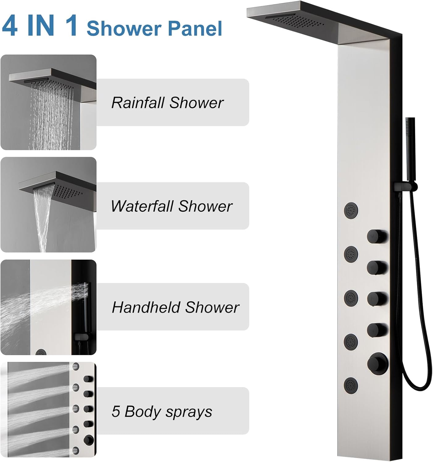 BWE Rainfall Waterfall Shower Tower Panel System Stainless Steel Bathroom Shower Panel Tower with 5 Body Sprays and Handheld Shower, Brushed Nickel and Black