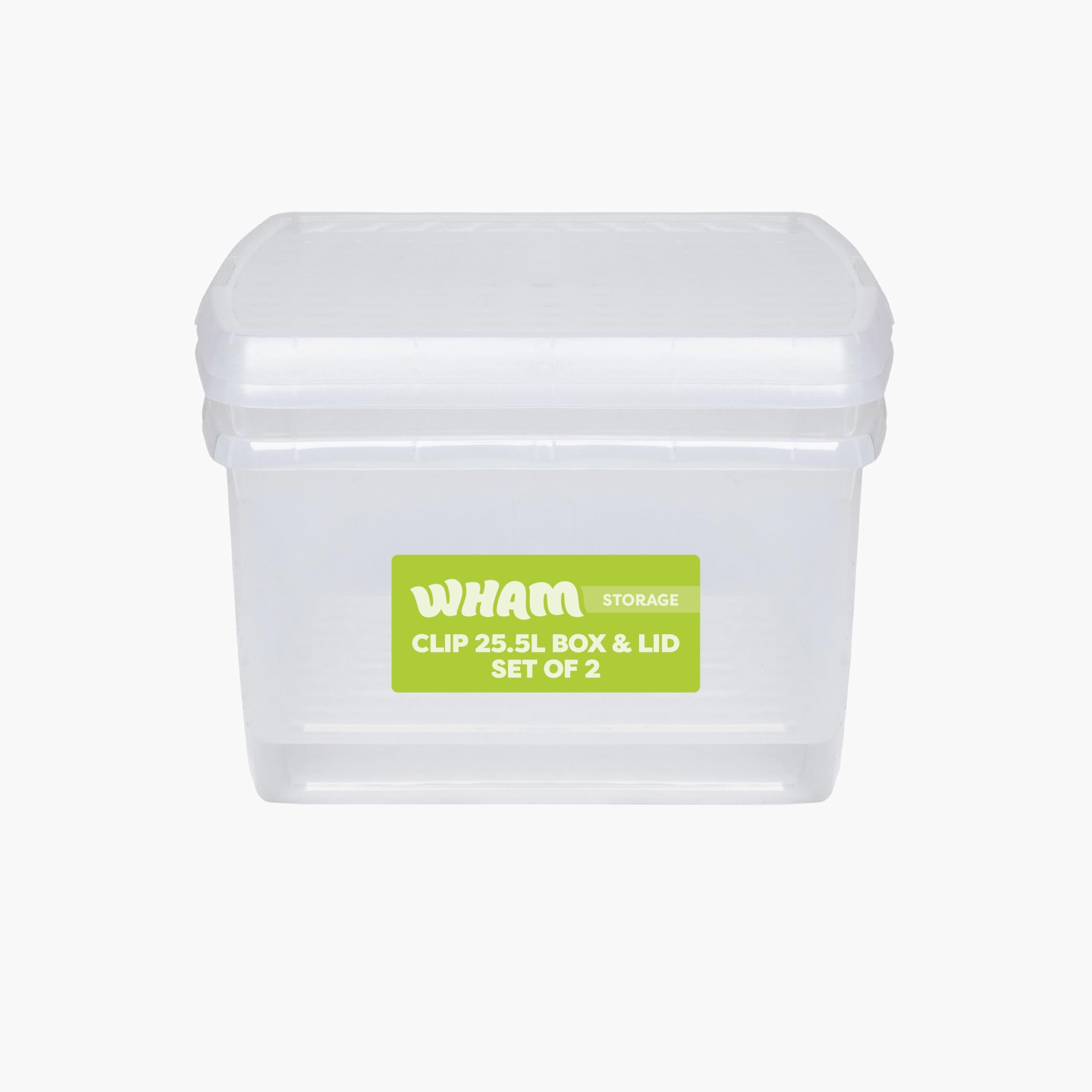 Wham Clip 2 x 25.5L Square Stackable Plastic Storage Boxes with Lids | Ideal for Home, Office, Toys & More | Storage Containers with Clip Locks | Made in UK - Clear/Clear