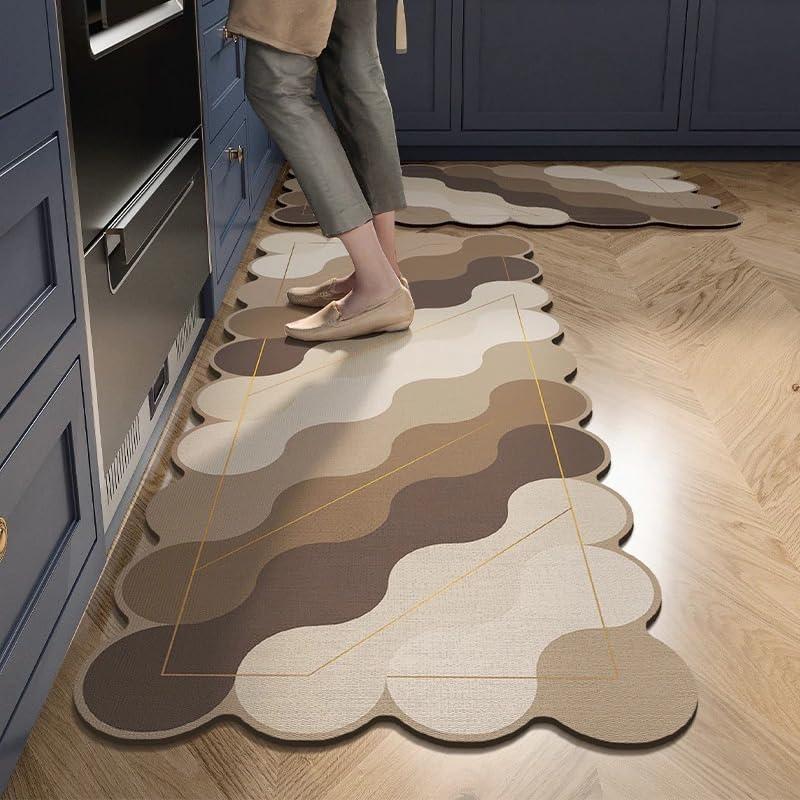 Image of Dailyart 2 Piece Anti-Fatigue Kitchen Floor Mat Set, Cushioned Ergonomic Standing Rugs, Non Stick Oil-Proof and Easy Clean Kitchen Runner for Hardwood Floors (Cream and Brown)