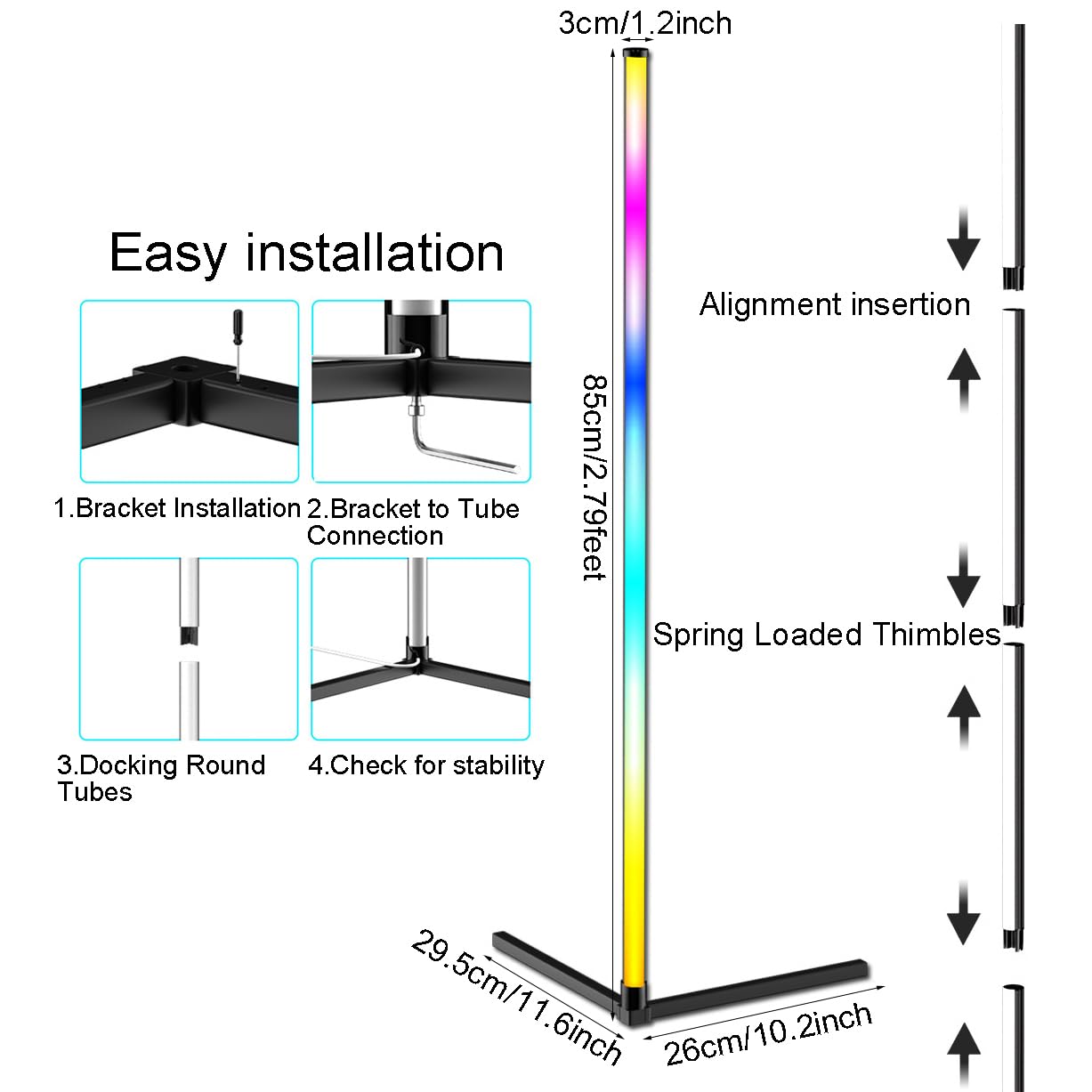 ThreeH Lampada d'angolo a LED con APP e telecomando Luce d'ambiente con impostazione del timer di sincronizzazione musicale Lampada da terra RGB alta 85 cm
