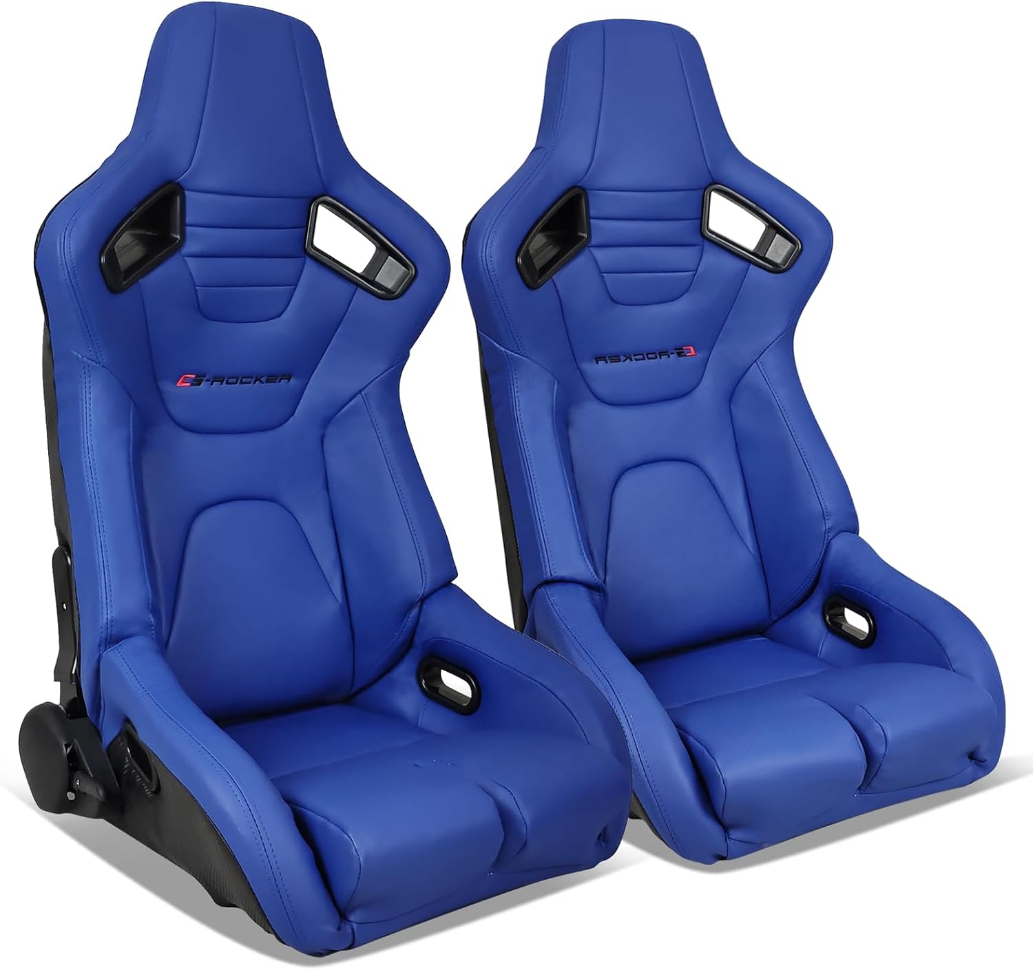 Universal Pairs of Racing Seat with Dual Sliders, PU Leather Front+Carbon Leather Back Reclinable Bucket Seat, Blue w/LOGO-Style 3