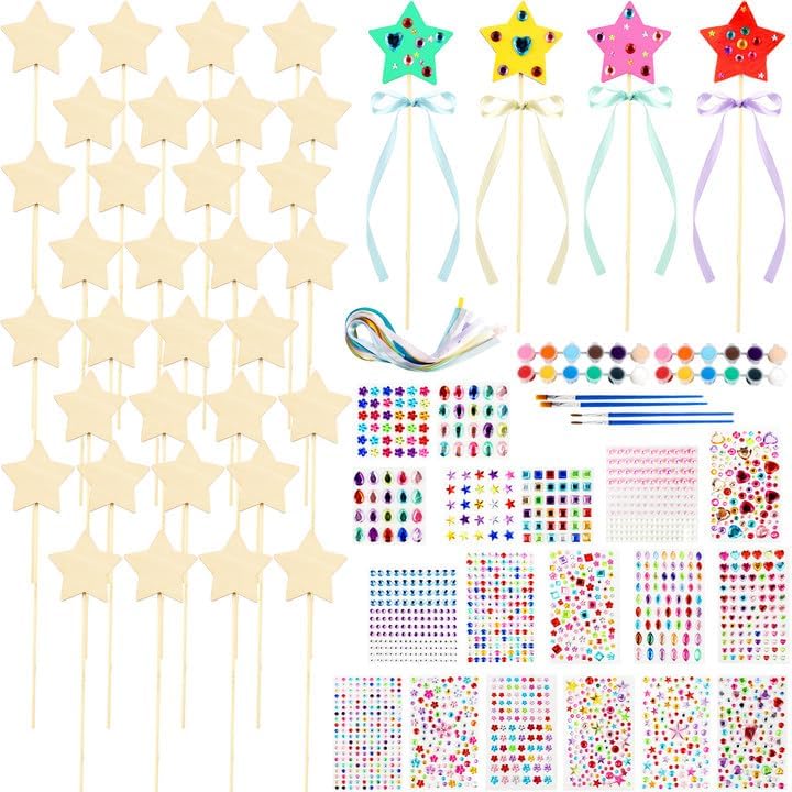 92 Pcs Unfinished Star Princess Fairy Wands Kit Make Your Own Princess Wand DIY Art Craft Magical Wand Include 36 Star Wooden Fairy Wands 18 Gem Stickers 36 Ribbons 2 Markers for Kids Party Supplies