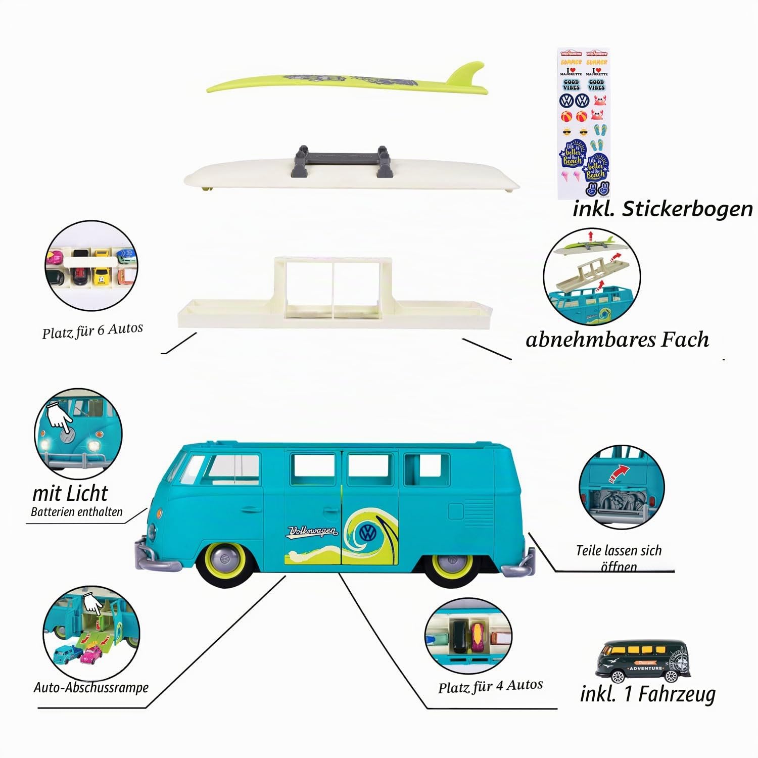 Majorette - Volkswagen The Originals T1 Auto-Transporter - großes Car Carry Case (32,5 cm) zur Aufbewahrung von bis zu 10 Spielzeugautos, inkl. Modellauto & Stickerbogen, für Kinder ab 3 Jahre, Blau