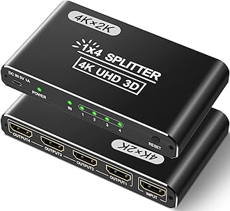 HDMI Splitter 1 in 4 Out, 4K HDMI Splitter for Dual Monitors/Mirror, Supports 4Kx2K@30Hz 3D Full HD 1080P Compatible for PS4 Blu-Ray Player Fire Stick Roku (1 Source onto 4 Displays)