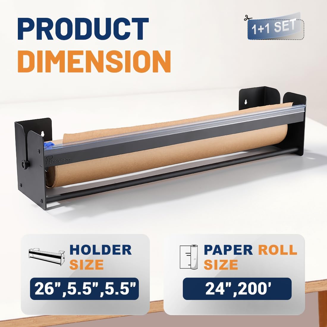 Perkhomy 24 Inch Paper Roll Dispenser and Cutter - Heavy-Duty Wall Mountable, Non Slip Tabletop - Kraft, Freezer, Butcher Paper - Up to 300ft Rolls (Black, 24 Inch) Black For 24" Width Roll