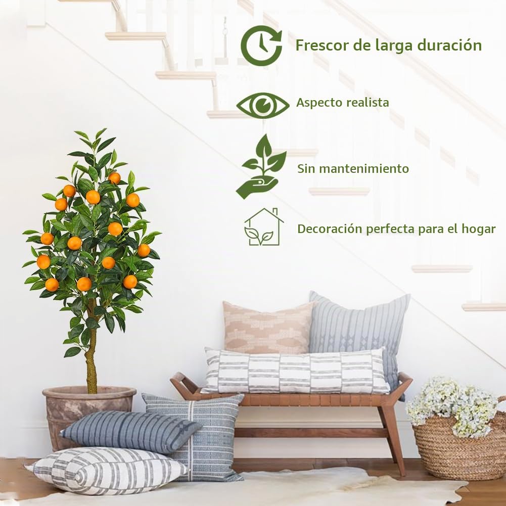 Plantas artificiales de 120 cm, gran naranjo artificial en maceta, para interiores y exteriores, decoración moderna, para baño, sala de estar, dormitorio, balcón