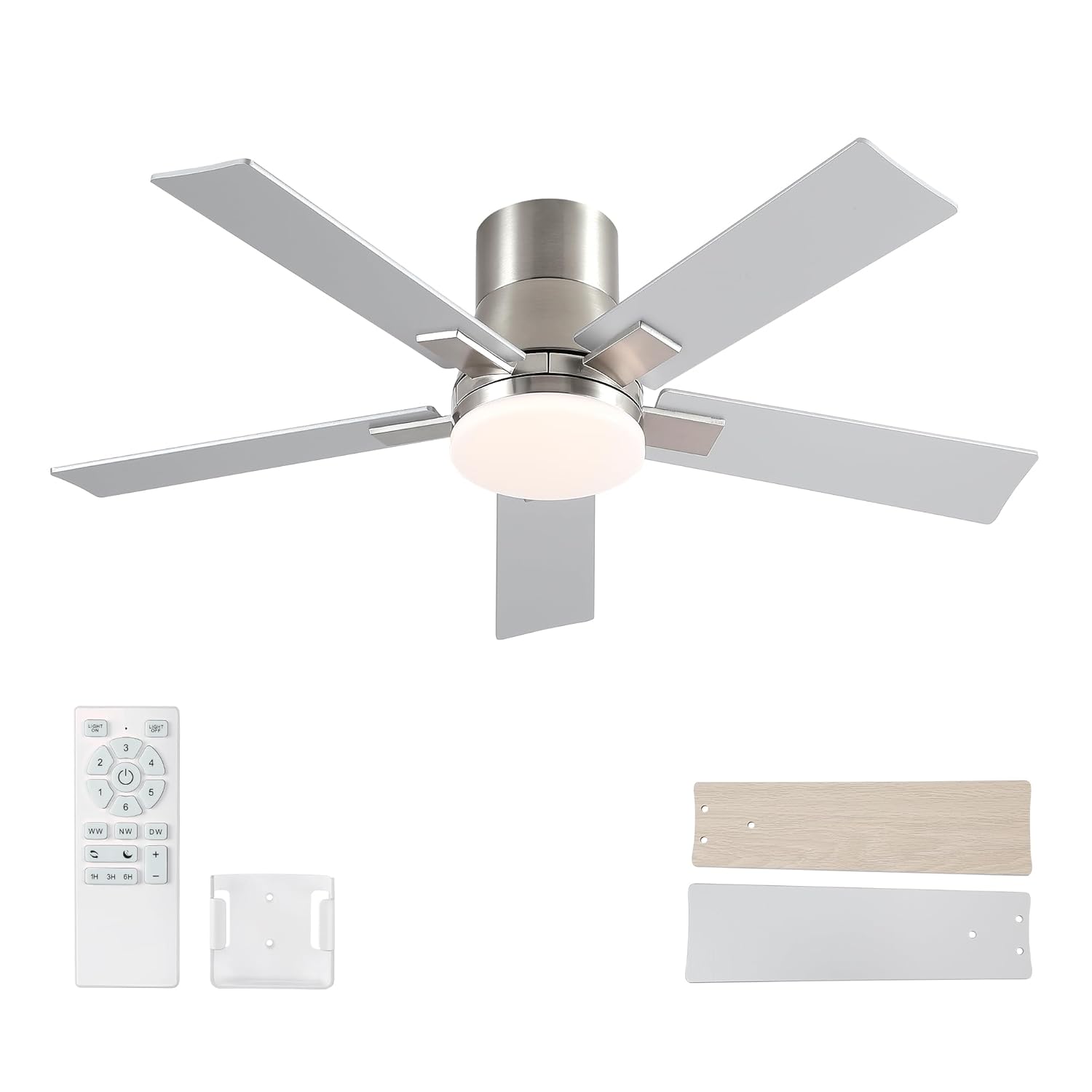 Rayqueen 42 Inch Ceiling Fans with Lights and Remote Flush Mount Brushed Nickel Ceiling Fan 6 Speed Reversible
