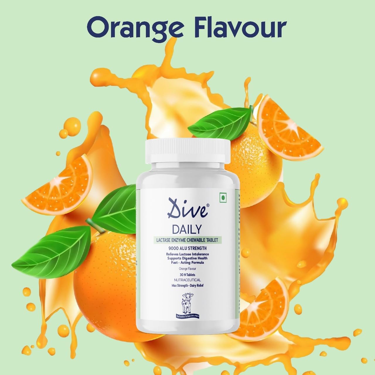 DIVE Daily Lactase Enzyme | Chewable Tablet | Dairy Relief Supplement | 9000 ALU Strength | Prevents Gas, Bloating, Diarrhea | 100% Vegetarian | Sugar-Free | Orange Flavour, 90 Count 2