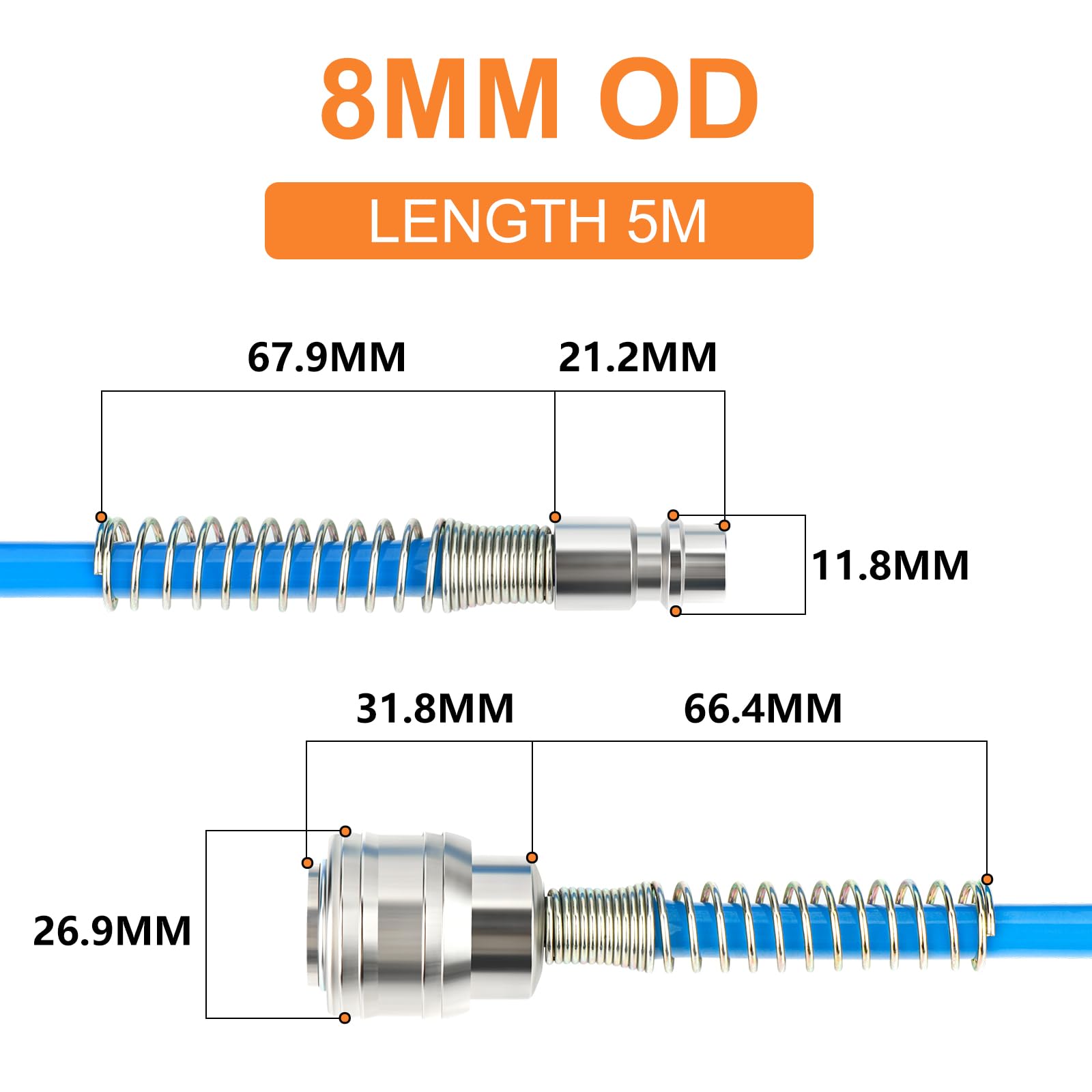 GASHER 1/4" x 5m Polyurethane Recoil Air Hose 8mm OD with Bend Restrictor, 1/4" Europe Quick Coupler and Plug, for Air Compressor Blue - Image 2