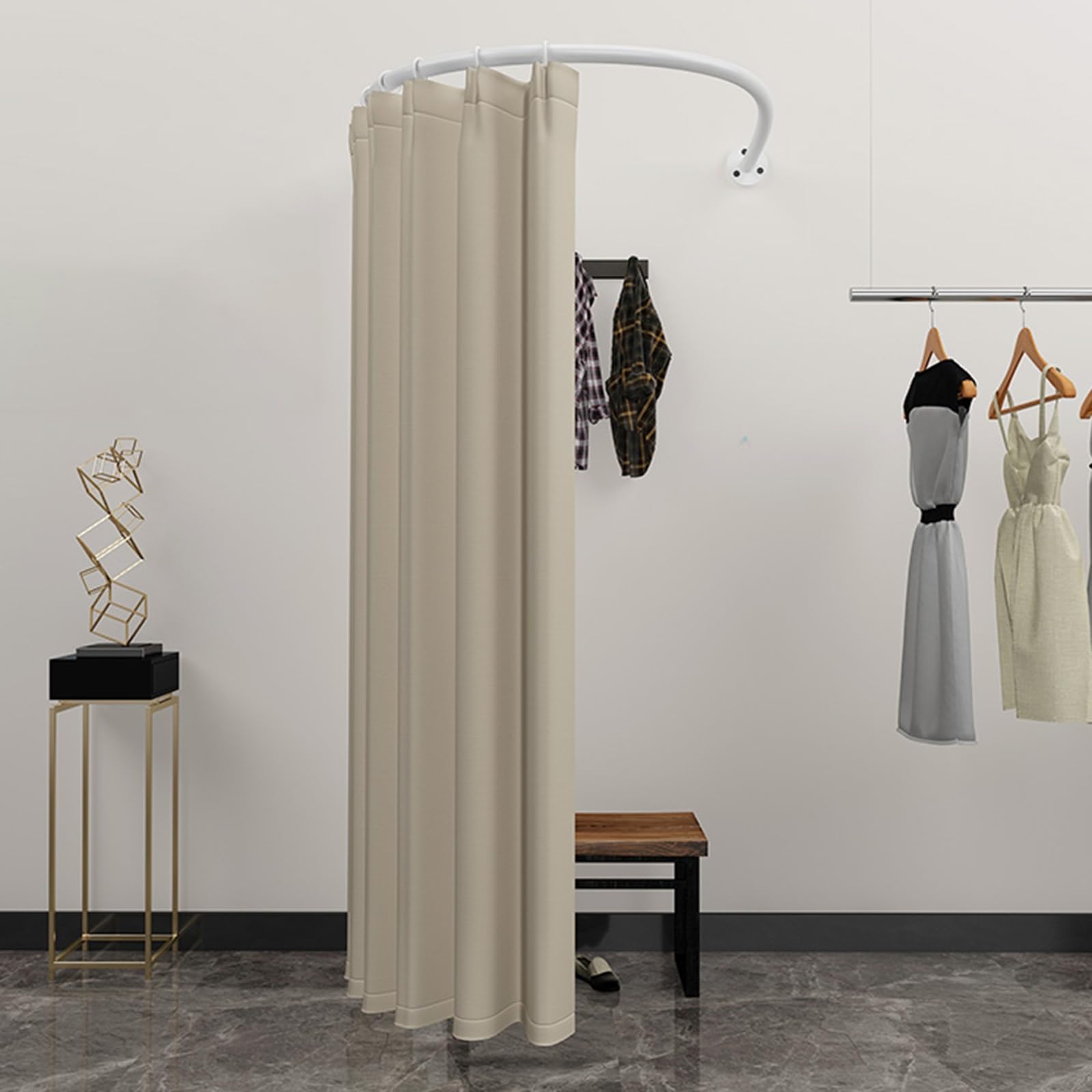 Cabine d'essayage en U pour magasin de vêtements, vestiaire beige 80 cm avec tringle blanche