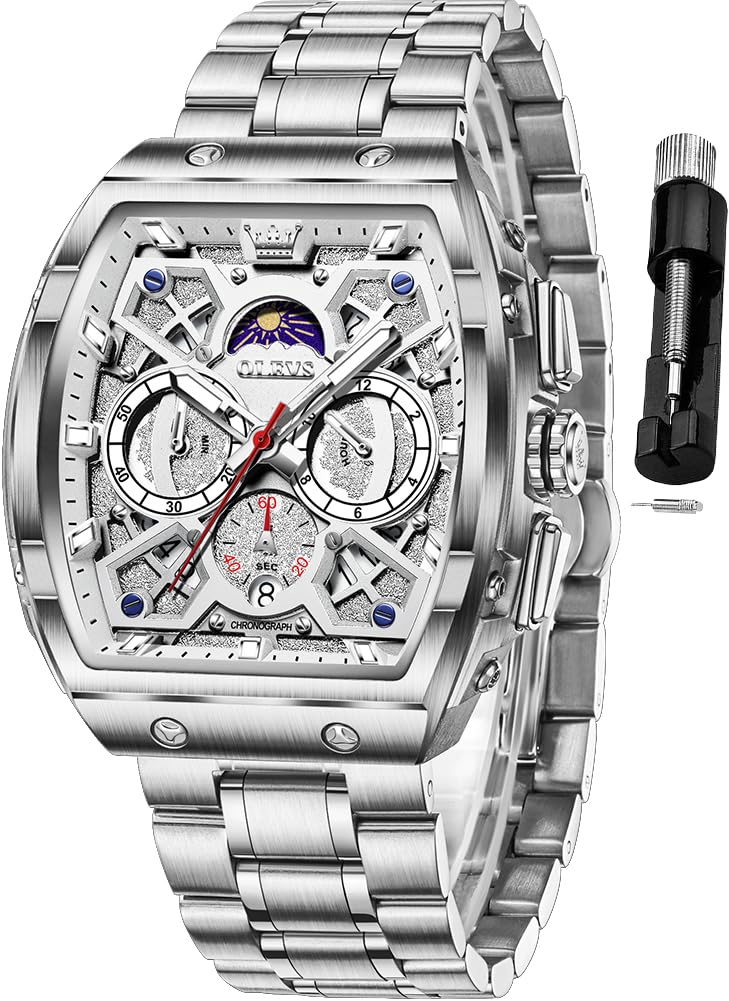 OLEVS Men Watches Business Dress Chronograph Big Square Quartz Analog Male Watch Silicone Strap Waterproof Date Gift Mens Wrsit Watch Silver