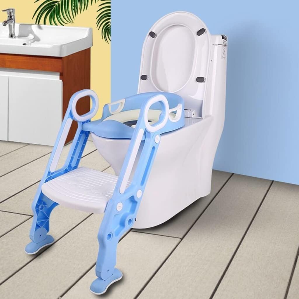 Potty Training Seat with Ladder Adjustable Training for Little Boys and Girls Potty Chair, Foldable, 2 Seat Cushion Options, Load-Bearing 80kg (Color : Light Blue A, Size : 30 * 41 * 31cm)