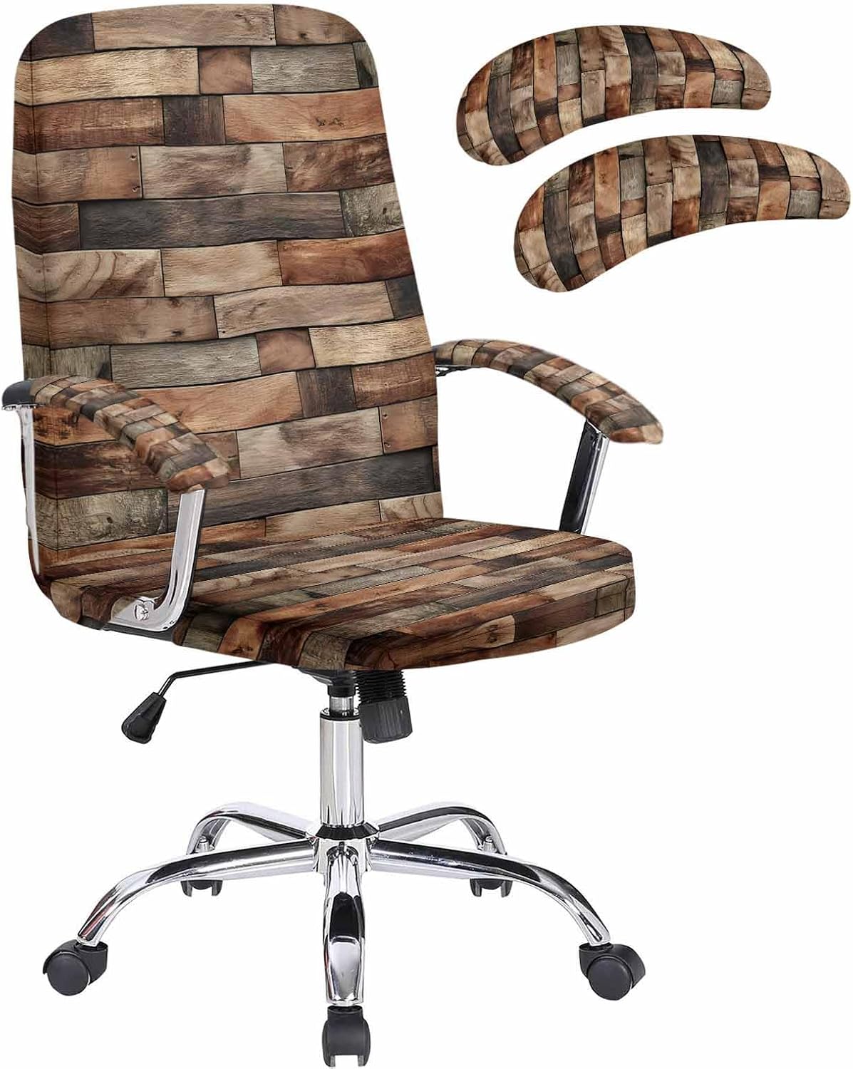 Western Barn Door Office Chair Covers with Armrest Covers, Rotating Chair Cover, Vintage Farmhouses Wooden Door Brown Armchair Slipcovers Decorative Backrest Seat Protectors, Large