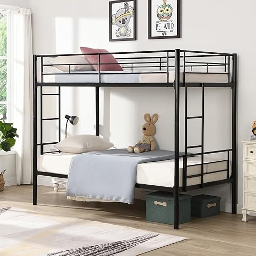 Litera de tamaño individual sobre individual con 2 escaleras y barandilla de longitud completa, espacio de almacenamiento, no necesita somier, sin