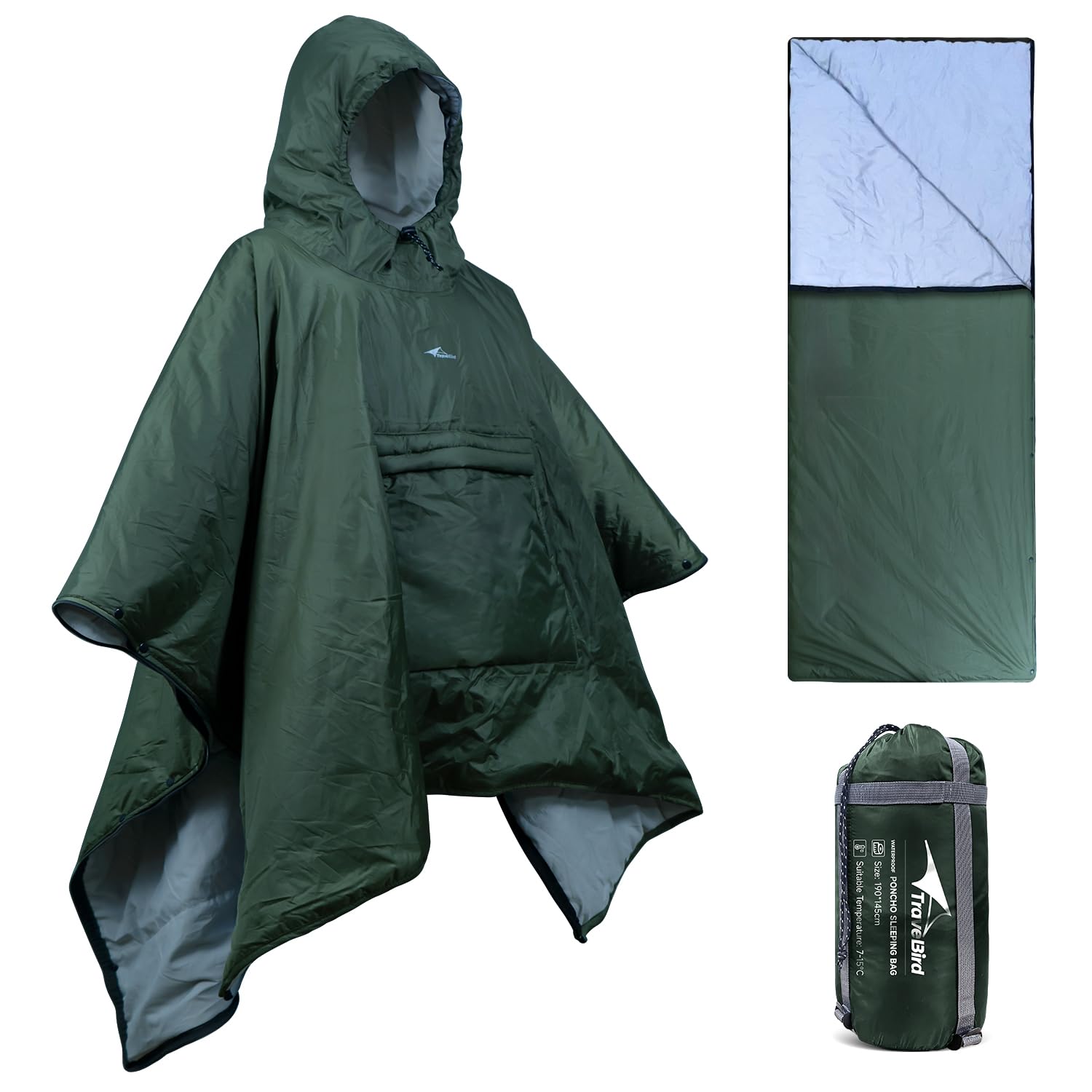 Travel Bird Wearable Sleeping Bag Poncho with Hoodie, 3 in 1 Outdoor Stadium Blanket Large Waterproof Warm Wearable Blanket for Camping, Hiking