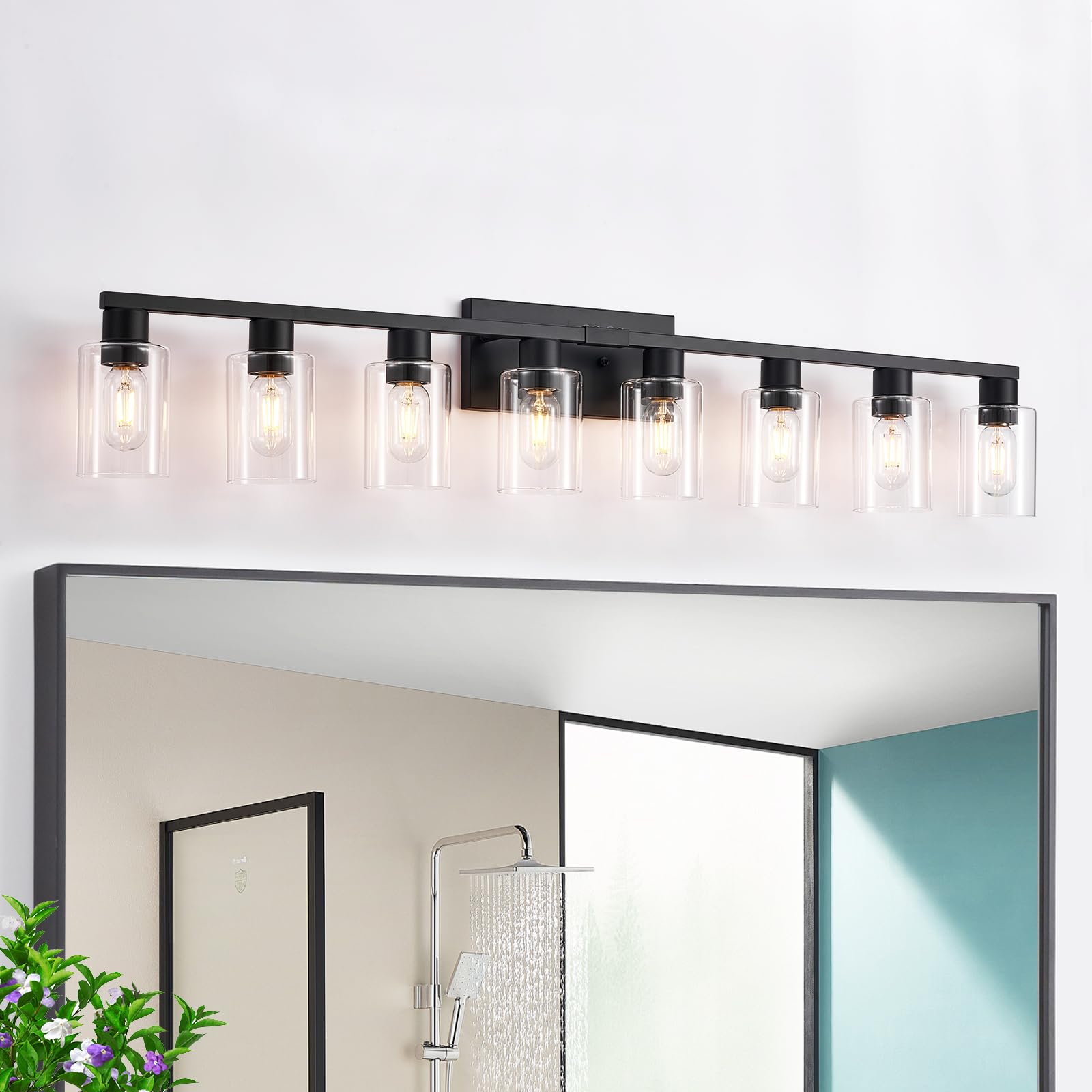 8 Light Bathroom Vanity Light, Black Farmhouse Bathroom Vanity Lights Over Mirror with Sturdy Clear Glass Shade, 8 Bulb Count Large Bath Light Fixtures for Mirror, Bedroom, Living Room, Wall Sconce