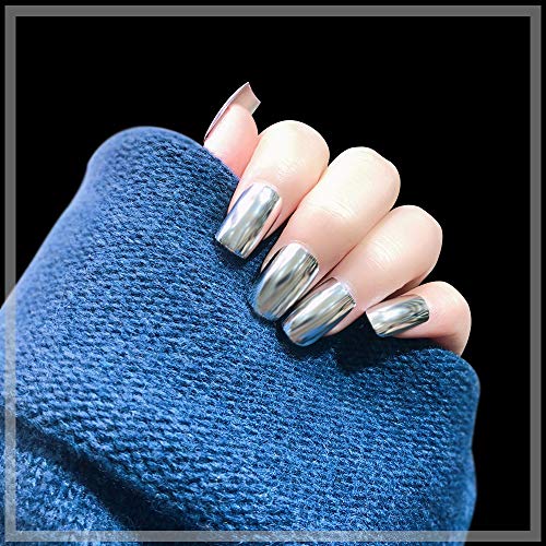 Mirror False Nails Full Cover Point Metallic Acrylic Nail Tips 24pcs/box Art Design Tips 14 Colors Optional Easy for Daily wear (Sky Blue)